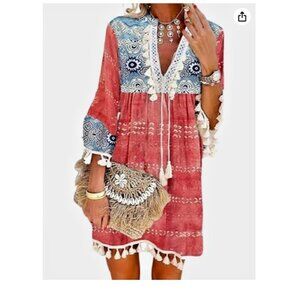 yoeasy dress Boho Bohemian XL /XXL Tassels tunic dress stretch printed pink blue